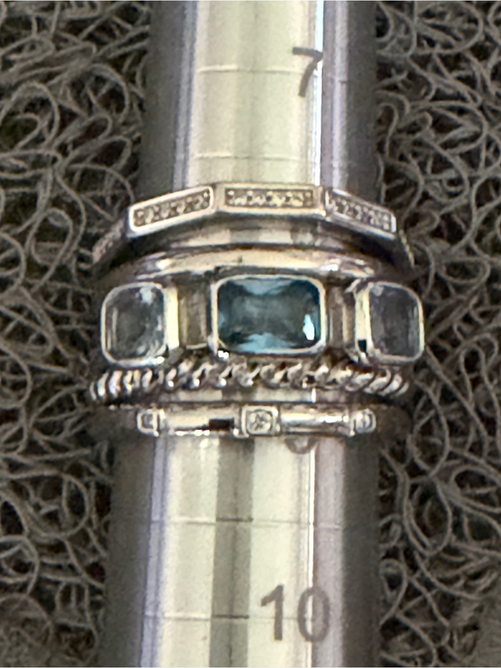 STAX FIVE ROW RING, 15mm, Size 9
Sterling Silver w/Hampton Blue Topaz, Diamonds